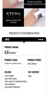 O'CHEAL Perfect Cover Stick Thin And Comfortable Concealer Foundation Cream Stick Instant Natural Waterproof Long-lasting Makeup