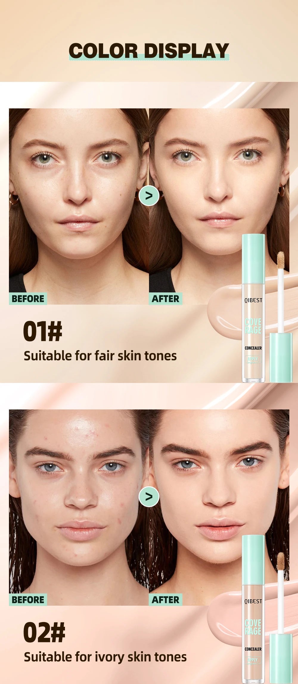 QIBEST 3D Full Coverage Concealer Long Lasting Liquid Concealer For Dark Circles Natural Finish Seamless Blend Under Eye Makeup