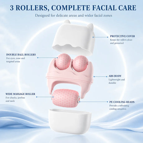 3 Roller Ice Face Roller Cooling Facial Massager with Cat Ear Storage Case Reduce Puffiness Jawline Neck Eye Skincare Massage To