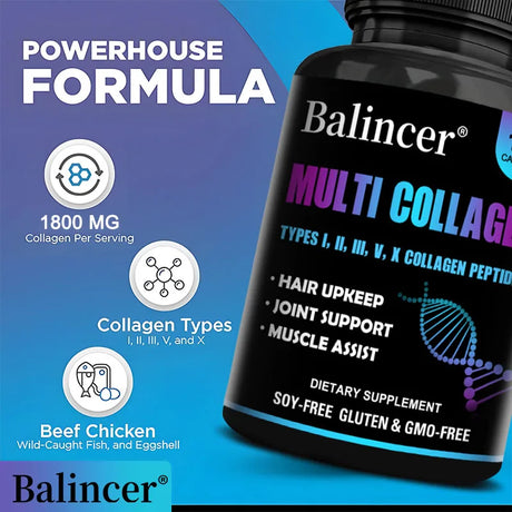 Multi-Collagen Peptides Capsules with Biotin & Keratin, Anti-Aging Whitening Skin, Hair, Nail, Bones, Joint Health Support