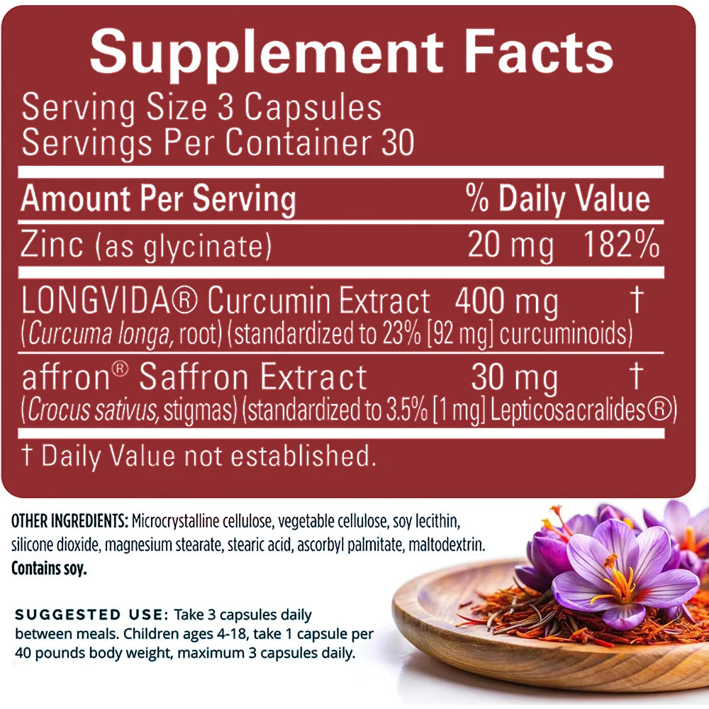Saffron Supplements With Saffron Flower Extract, Curcumin & Zinc for Mood, Memory & Eye Health, Joint Supplements for Men Women