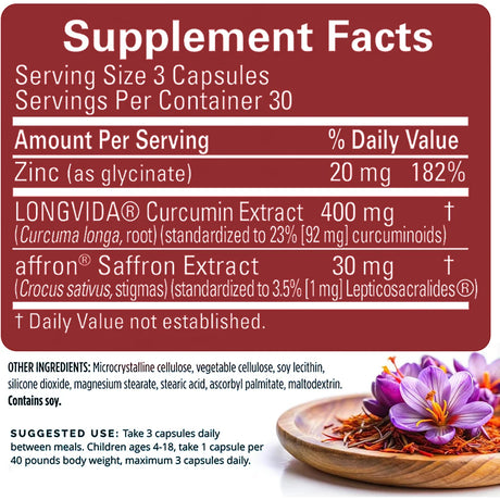 Saffron Supplements With Saffron Flower Extract, Curcumin & Zinc for Mood, Memory & Eye Health, Joint Supplements for Men Women