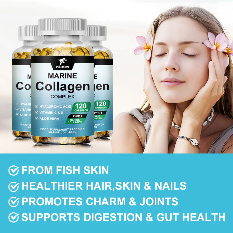 Marine Collagen Complex Capsules, Hydrolyzed Peptides for Skin Elasticity, Hair, Nails, Joint & & Bones Health, Glowing Beauty