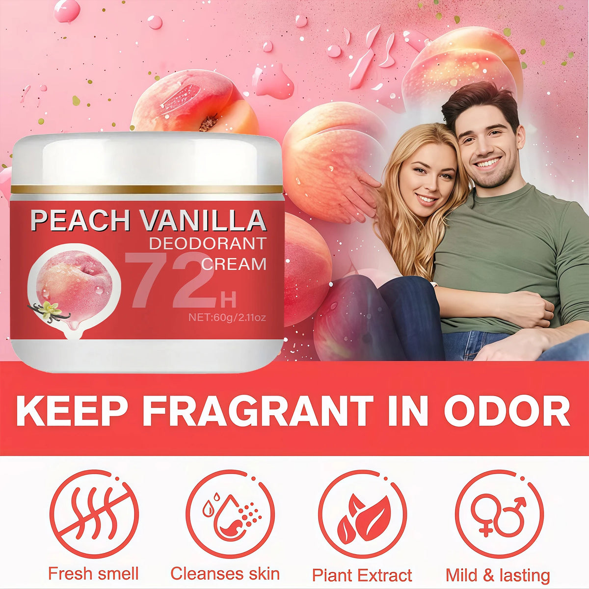 Peach Deodorant Underarm Cream - 72-Hour Long-Lasting Freshness, Floral Fragrance, Long-Lasting Odor Control - Gentle on Skin, Powerful Anti-Sweat