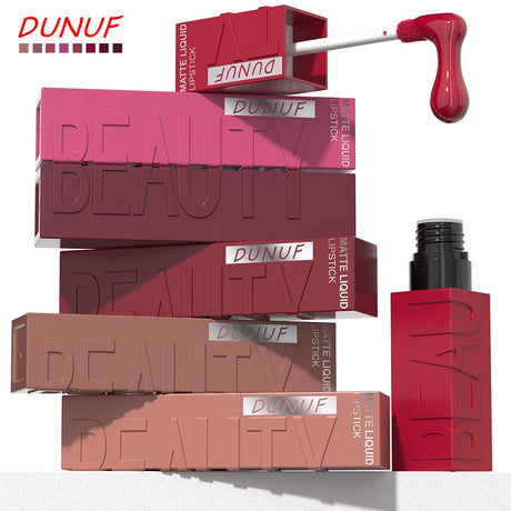 DUNUF Matte Velvet Lip Gloss, 3D Plumping & Waterproof, Square Tube Lipstick, Easy Application, 8 Shades (All-in-One)