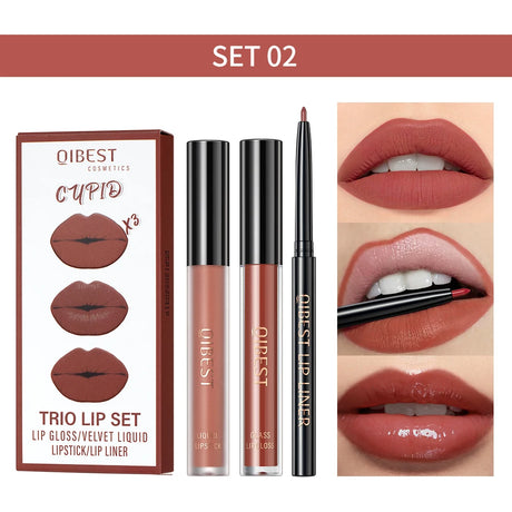 QIBEST Hots 3pcs Liquid Lipstick And Lip Liner Makeup Sets Nude Velvet Lip Gloss Lip Tint Lasting Black Lip Glaze Cosmetics Kits