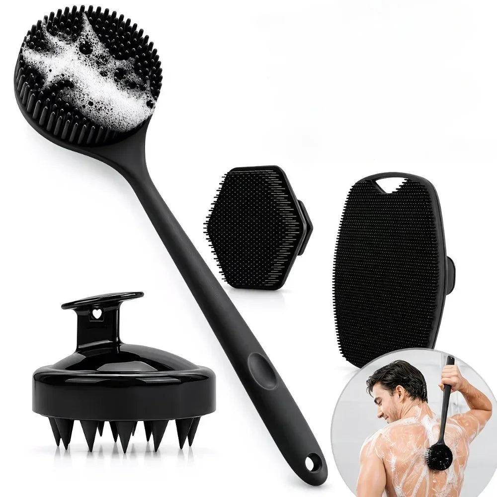 7/4/3Pcs Shower Body Care Set Long Handle Silicone Back Brush Hair Scalp Massager Exfoliate Face Roller Gua Sha Massage Tools