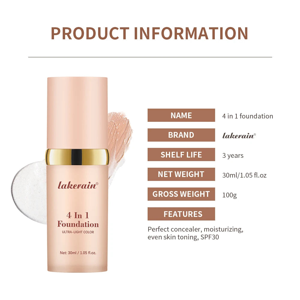 4 In 1 Foundation Long-wearing Moisturizing Waterproof Concealer Even Skin Tone SPF 30 Liquid Hydrating Full Coverage Concealer
