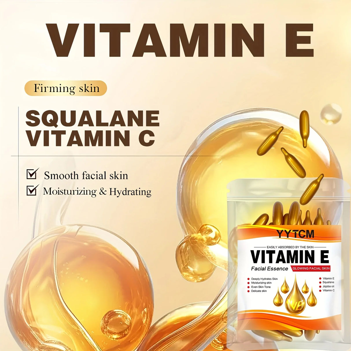 Vitamin E Deep Moisturizing Capsule Essence, Hydrates and Smooths Skin, Contains Plant-Based Squalane, Vitamin C, Deep Hydration and Skin Brightening Essence (0.4Gx30 Capsules)/Bag-1 Bag