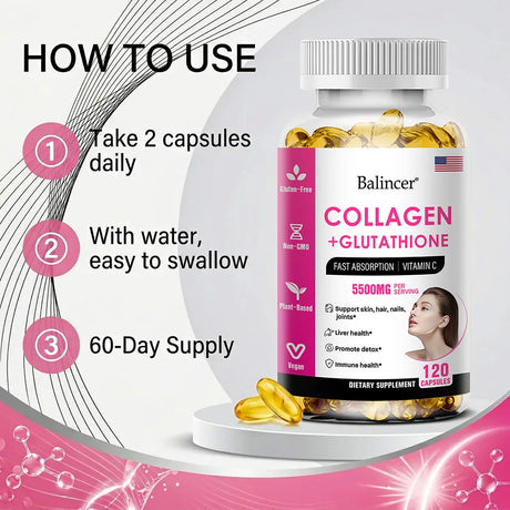 Glutathione Collagen Capsules, Antioxidant, Skin Whitening, Deeply Nourish Skin, Hair & Nails, Support Anti-Aging & Joint Health