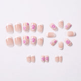 24Pcs Short Square Pink Floral French Press On Nails Clear Base Hand Drawn Flower Reusable With Adhesive Glue For Women Daily Party DIY Spring Summer Manicure Supply