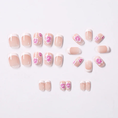 24Pcs Short Square Pink Floral French Press On Nails Clear Base Hand Drawn Flower Reusable With Adhesive Glue For Women Daily Party DIY Spring Summer Manicure Supply