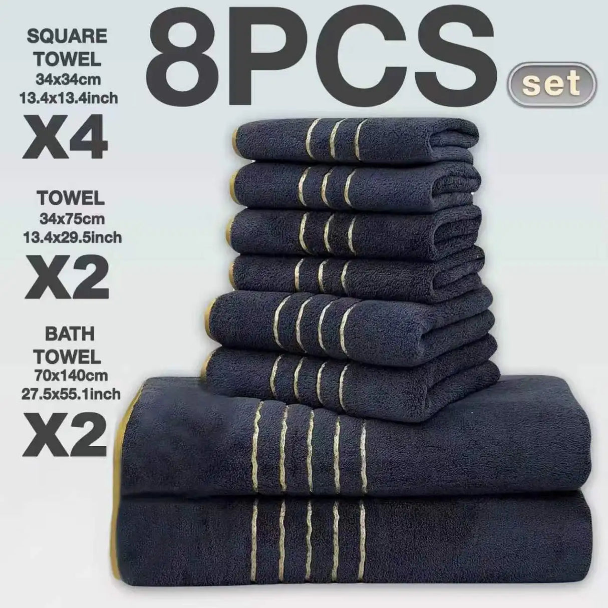 2/3/6/8 Pcs Bath Towel Set White & Gray with Gold Accents, Soft Absorbent Premium Towels for Home, Hotel & Bathroom