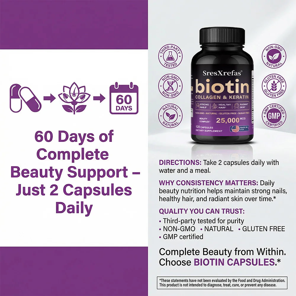 Biotin 25000mcg - Collagen Keratin Hyaluronic Acid Vitamins, Hair Skin Nails & Joint Support, Anti-aging Supplements Antioxidant