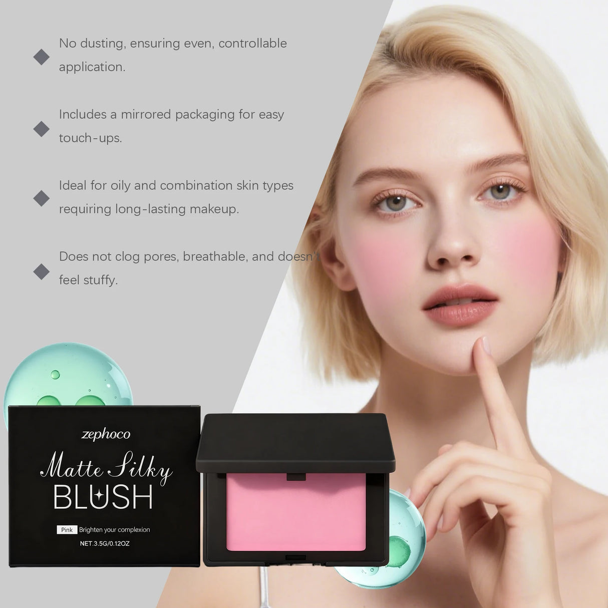 Multicolor matte silky blush, adheres well, long-lasting, easy to blend, gives a youthful, lightweight feel, perfect for everyda