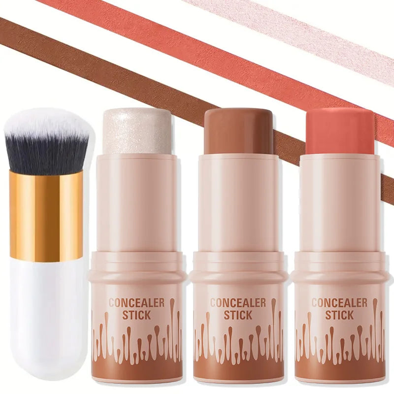 4pcs Set of Contour Stick, Highlight Stick, Blush Stick, Contour Brush, Shapes the Face Contour, Non-Greasy, Waterproof