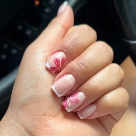 Mid-length Coffin Fake Nails 24Pcs White French Tip Ballerina Press On Nail Pink/White Flower Printed Spring/Summer DIY Manicure