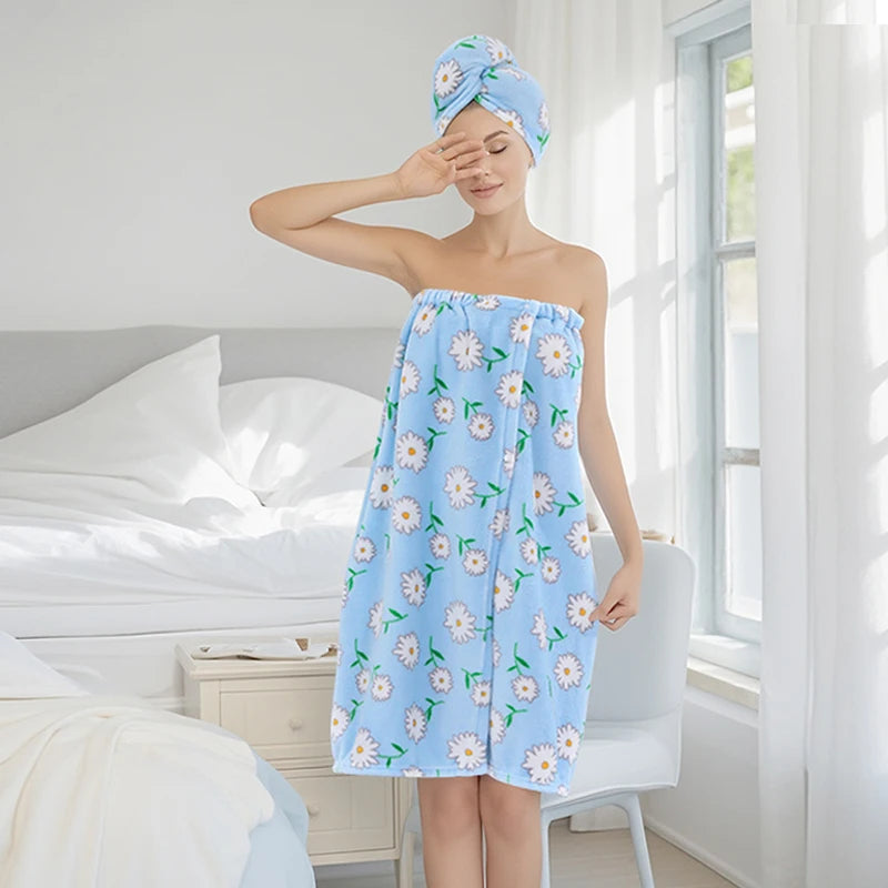 2 Pcs Combination Set Bath Skirt + Shower Cap Daisy Pastoral Style Wearable Bath Towel Skirt  Hair Wrap Flower Soft & Absorbent