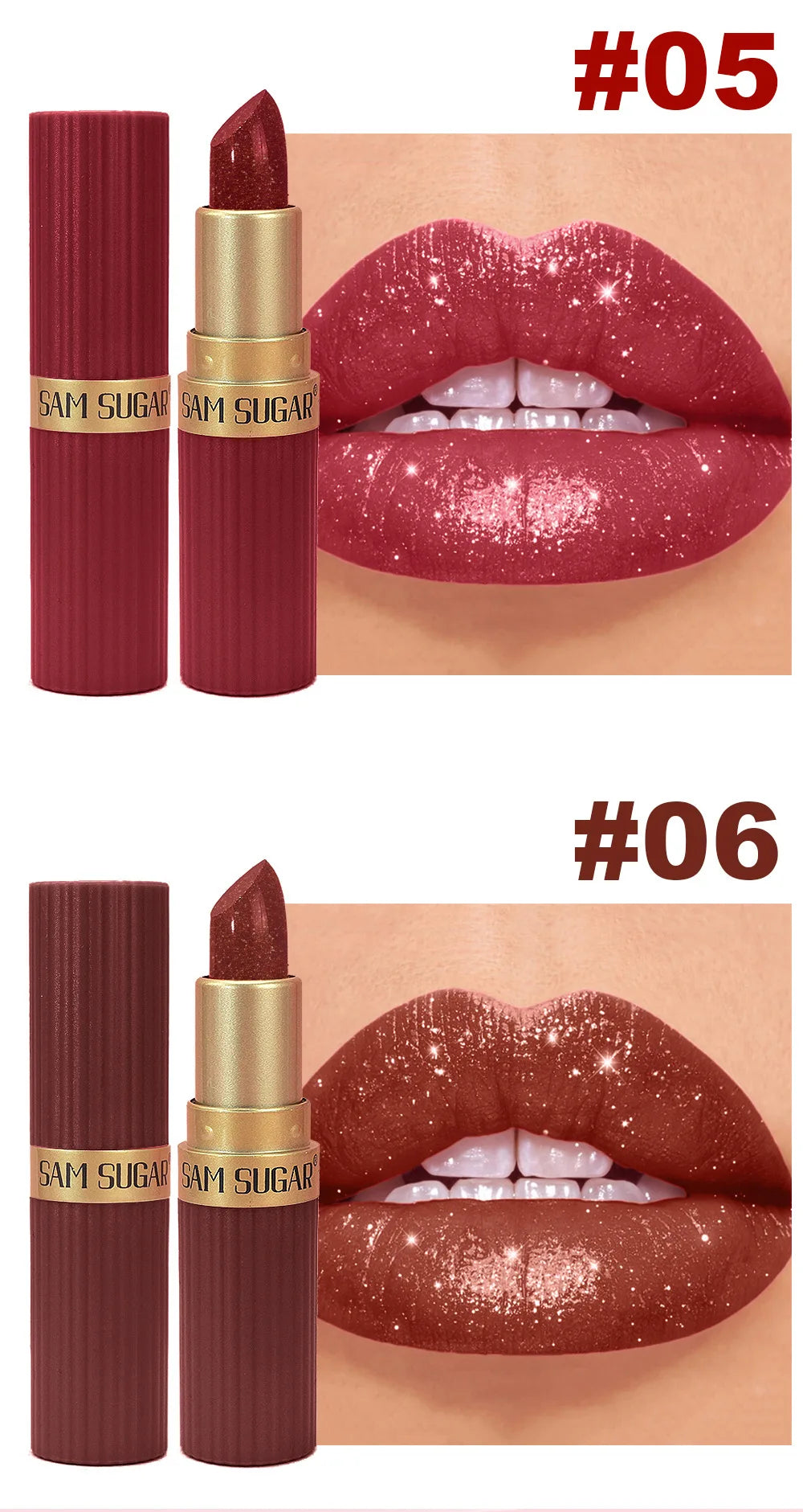 6pcs Diamond Pink Lipstick Set Chocolate Brown Metallic Glitter Long Lasting Shimmer Pearl Sparkling Lip Gloss Makeup