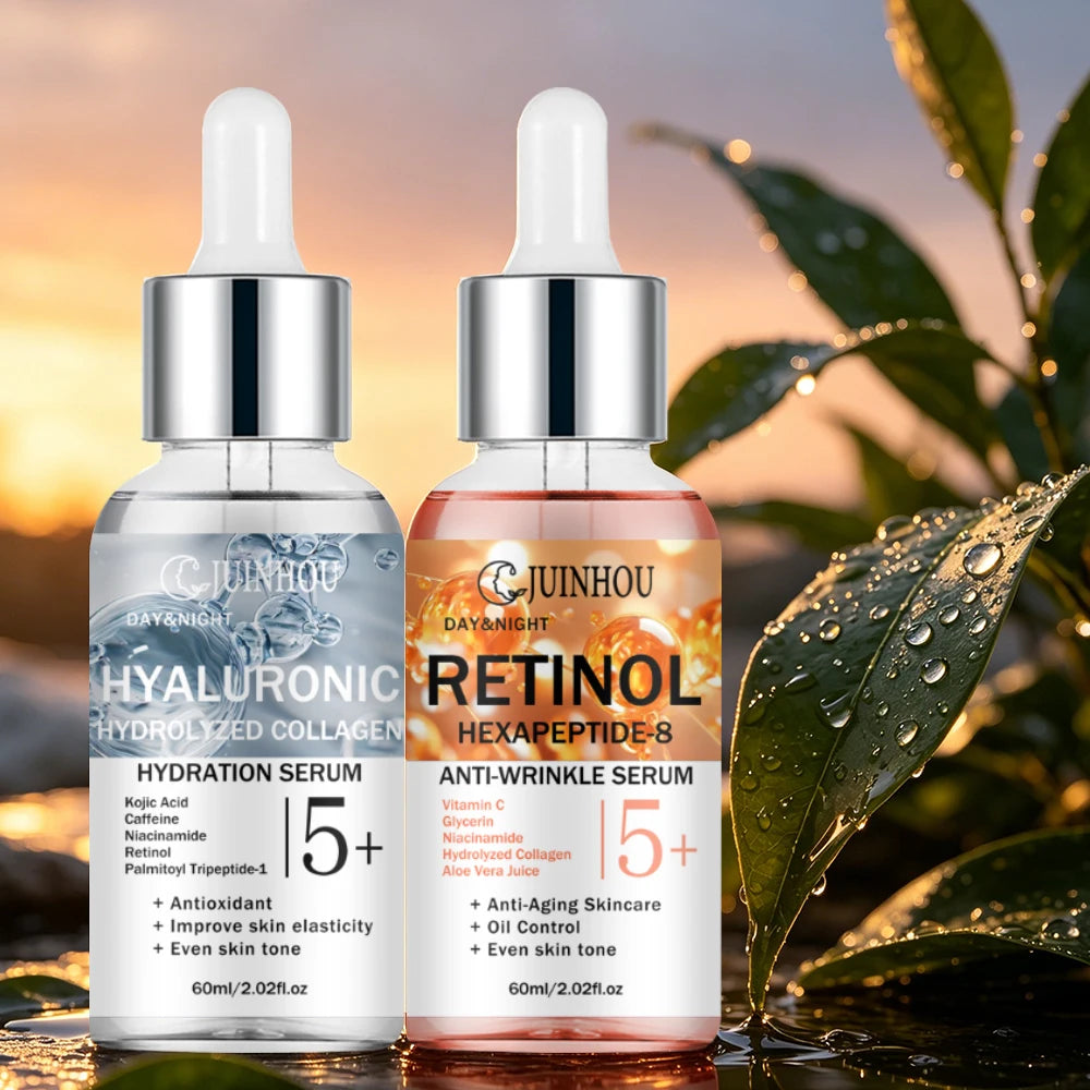 JUINHOU Dual Phase Face Serum Kit Hyaluronic Acid Day Care Retinol Night Care Hydrate Anti Wrinkle Texture Daily Face Skin Serum