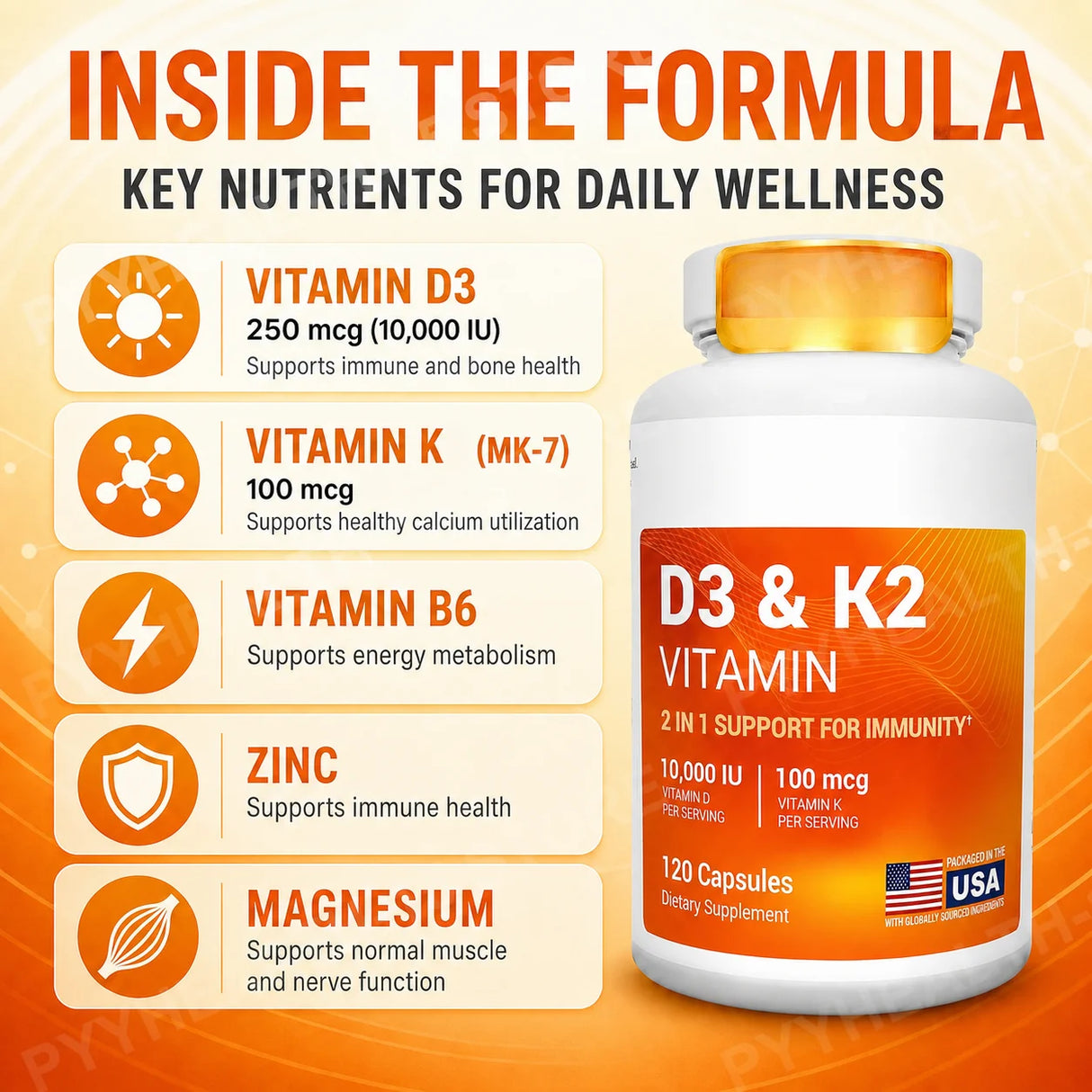 D3 K2 MK-7 Vitamin Supplement Capsules with Magnesium Zinc B6 and MCT Powder, 120 Count, Adult Daily Wellness Support
