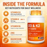 D3 K2 MK-7 Vitamin Supplement Capsules with Magnesium Zinc B6 and MCT Powder, 120 Count, Adult Daily Wellness Support