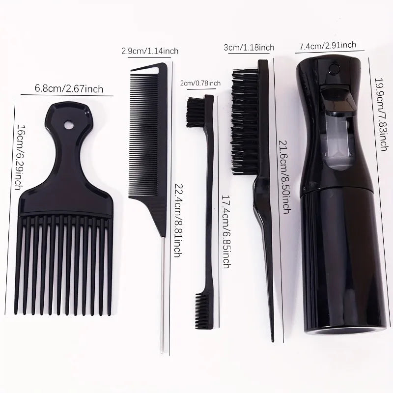 5Pcs Hair Styling Tool Set with Spray Bottle, Afro Pick Comb, Edge Brush, Tail Comb for Curly & Natural Hair
