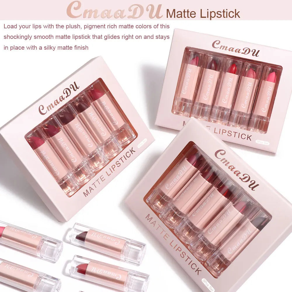 Velvet Matte Lipstick Set 5pcs Long Lasting Waterproof Red Nude Lipsticks Non Stick Cup Makeup Cosmetics Collection