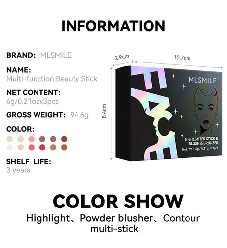 MLSMILE Highlight Contour 3-pack For 3D Makeup Brightening Skin Tone Face Blush Stick 3 Pcs Set 2025 New