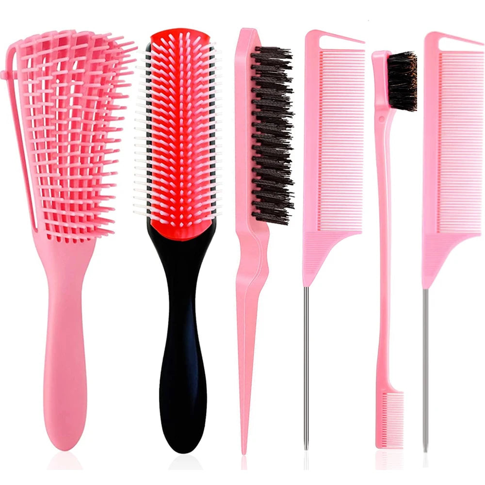 5 Pcs Detangling Brush Set，Curly, Wet/Dry, Black Hair, Flex Detangling Brush set for Hair Style and Cuting, Easy Clean in Daily