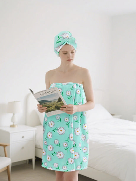 2 Pcs Combination Set Bath Skirt + Shower Cap Daisy Pastoral Style Wearable Bath Towel Skirt  Hair Wrap Flower Soft & Absorbent