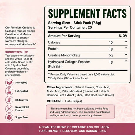Creatine & Collagen Powder Stick Packs Supports Strength Recovery & Skin Health – Daily Nutrition Supplement  20Servings Per Bag