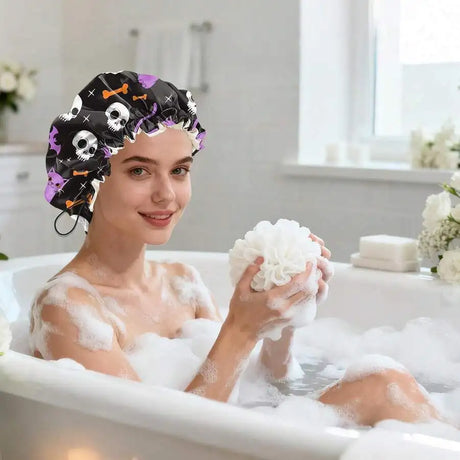 Reusable Double Layer Waterproof Shower Cap For Women Adjustable Elastic Hair Bath Cap With Cat Skull Design
