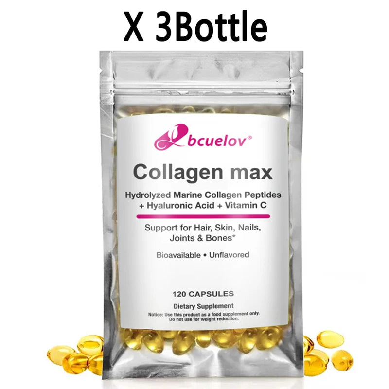 Bcuelov Collagen Max Hydrolyzed Marine Collagen Peptides Hyaluronic Acid + Vitamin C Supports Hair, Skin, Nails, Joints & Bones