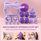 20PCS Purple Makeup&Skincare Tool Set,Mixed Makeup Sponges,Facial Cleansing Sponge,Headband&Wristbands,Flawless Base Makeup