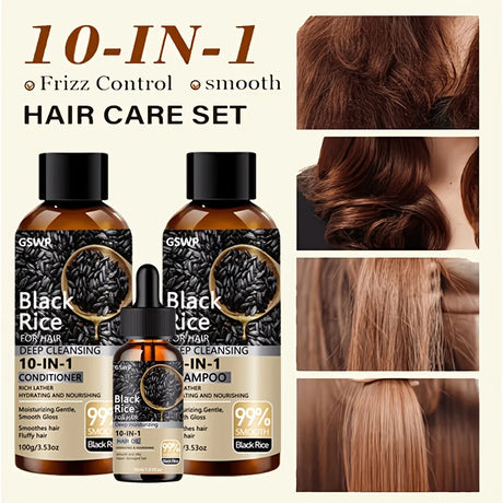 GSWP 10-in-1 Black Rice Moisturizing Shampoo Conditioner Set: Gently Cleanses, Reduces Frizz, Brightens Hair Shine. 200g + 30ml