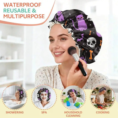 Reusable Double Layer Waterproof Shower Cap For Women Adjustable Elastic Hair Bath Cap With Cat Skull Design
