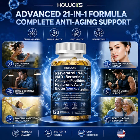 Resveratrol+NAC+NAD+Collagen Peptides+Hyaluronic Acid+Biotin Capsules, Boost Energy & Focus, Anti-Aging, Cellular Vitality