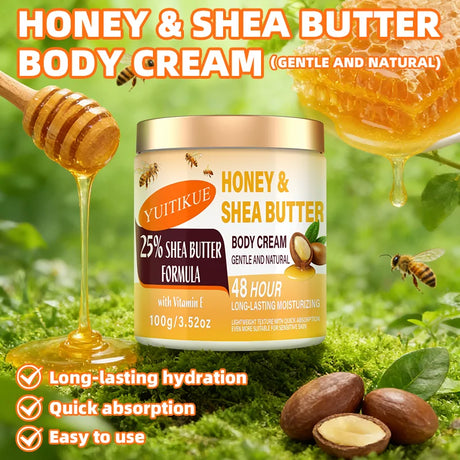 YUITIKUE Honey Shea Butter Body Cream 100g 48H Long Lasting Hydrating Lotion with Vitamin E for Dry Sensitive Skin