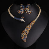 Women's Full Diamond Colored Gemstone Peacock Necklace and Earring Set, Bridal Dress Accessories