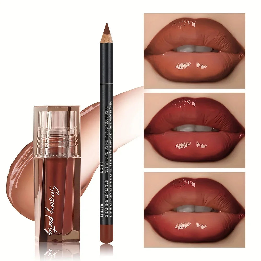 2pcs Lip Liner Pencil & Hydrating Lip Gloss Set, Glossy Finish, Smooth Define Lips, Non-Sticky Long Lasting, Daily Makeup