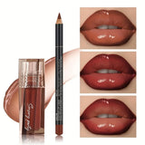 2pcs Lip Liner Pencil & Hydrating Lip Gloss Set, Glossy Finish, Smooth Define Lips, Non-Sticky Long Lasting, Daily Makeup