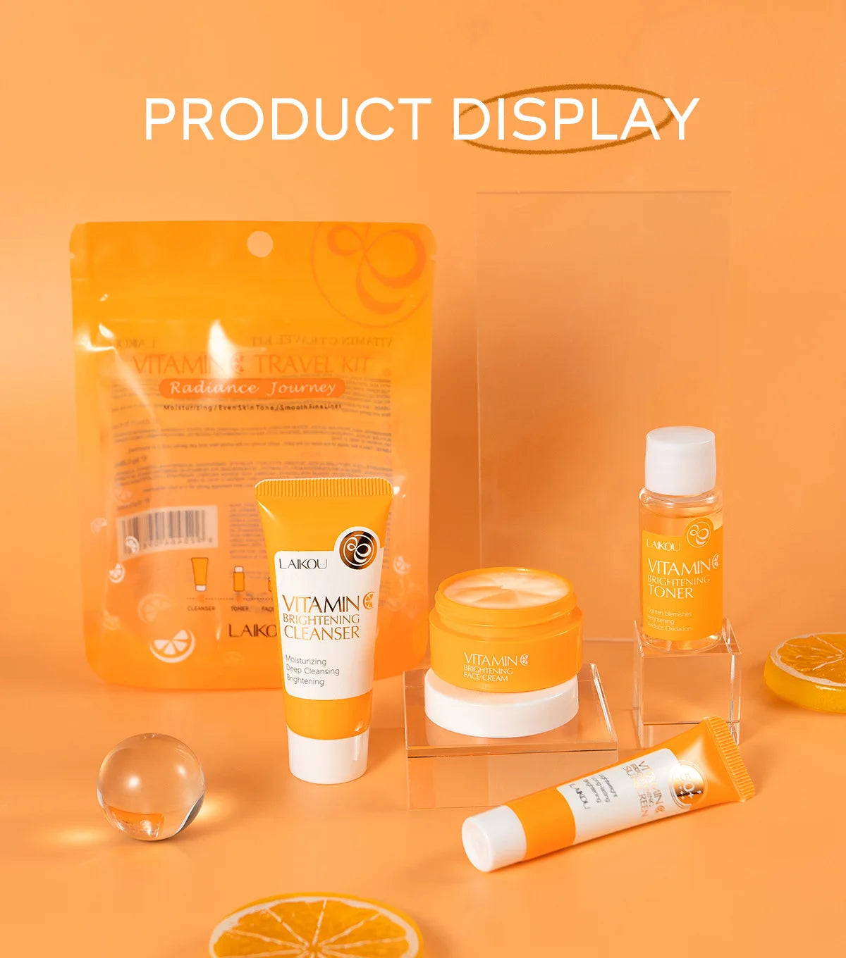 4pcs Vitamin C Skin Care Sets Face Cream Facial Cleanser Essence Spf 50+ VC Sunscreen Moisturizing Refresh Face Care Travel Suit