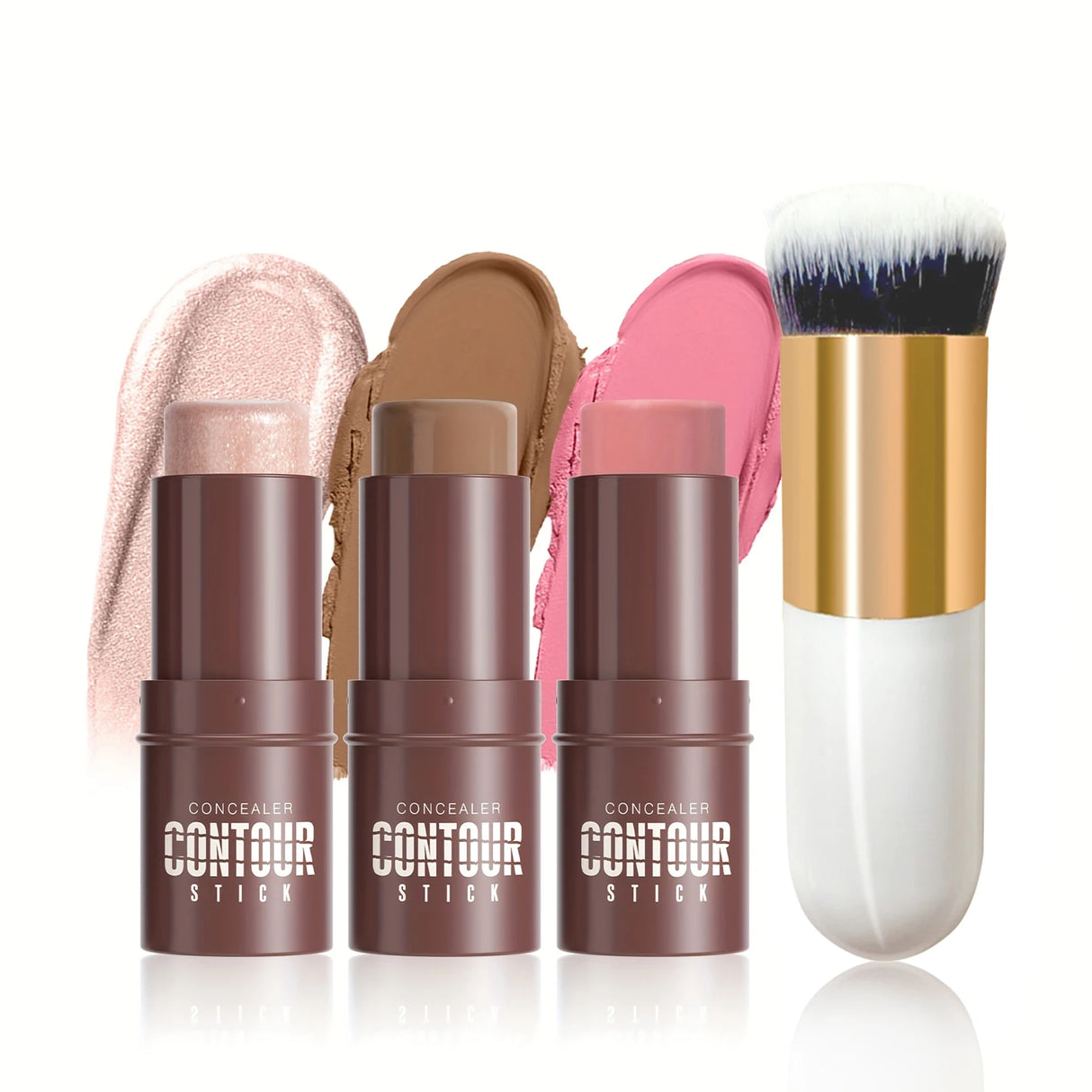 4pcs Contour Stick, Highlighter Stick, Blush Stick 4pcs Cream Contour Kit with Contour Brush, Create Face Contour, Non-greasy