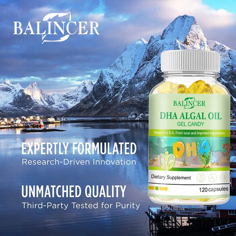 Algal Oil Omega 3 Softgels with DHA & EPA, Daily Nutritional Supplement, Supports Brain Cognitive Eye Heart & Skin Hair Wellness
