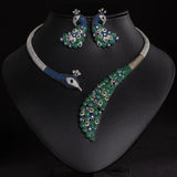 Women's Full Diamond Colored Gemstone Peacock Necklace and Earring Set, Bridal Dress Accessories