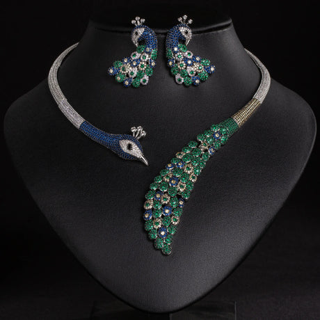 Women's Full Diamond Colored Gemstone Peacock Necklace and Earring Set, Bridal Dress Accessories