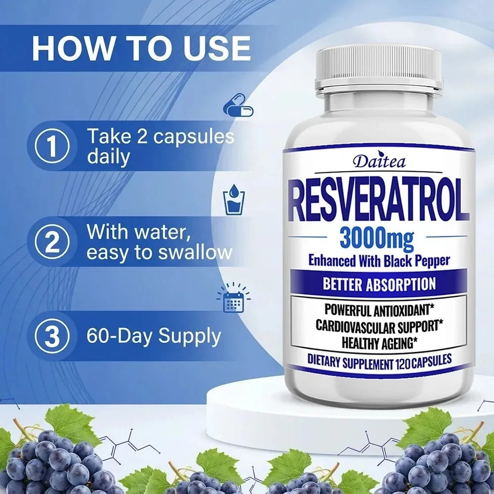 Resveratrol Supplement Capsules - Anti-Aging, Cardiovascular & Joint Support, Skin Health