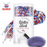 Patriotic Glitter Body Paint Stick with Makeup Remover Cloth, Red White Blue Face Paint for 4th of July, Sports Games