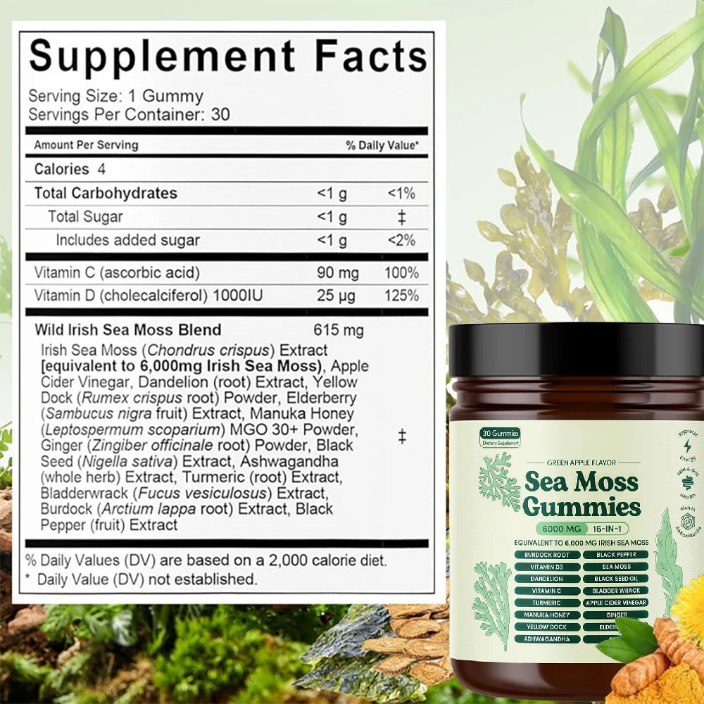 Sea Moss Gummies 16-in-1 Ashwagandha Black Seed Oil Bladder Wrack Turmeric Vitamin C D3 with Manuka Burdock Root Dandelion Apple